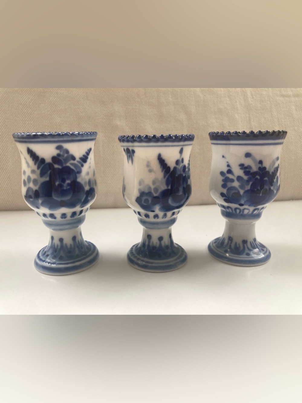 Vintage Gzhel Porcelain Egg Cups / Cordial Shot Glasses,